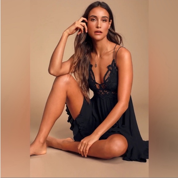 Free People FP One Adella Mini Slip Dress Black Lace Asymmetrical Hem Small - Picture 3 of 14